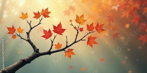 Autumnal Branch with Vibrant Maple Leaves Displaying Seasonal Hues and Natural Beauty