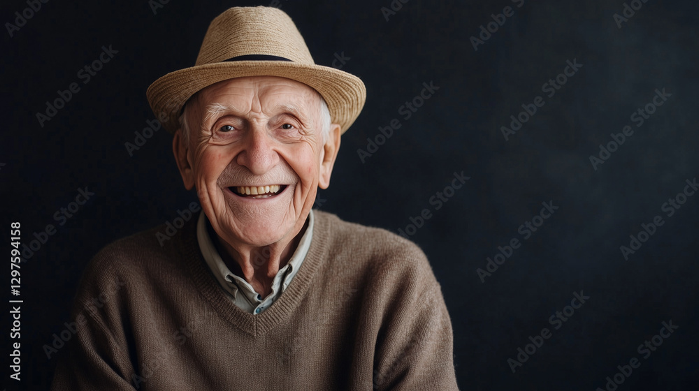 Smiling Senior with Hat: A charming portrait of a happy senior gentleman sporting a stylish hat, his warm smile radiating joy and contentment. Smiling Senior with Hat: A charming portrait of a happy senior gentleman sporting a stylish hat, his warm smile radiating joy and contentment.