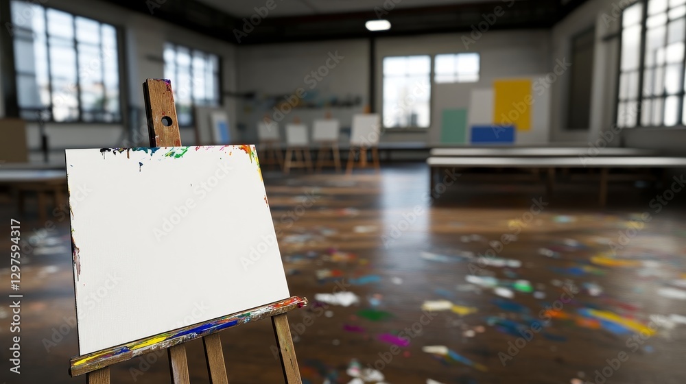 Empty easel in an art studio with scattered paint and artworks in the background Empty easel in an art studio with scattered paint and artworks in the background