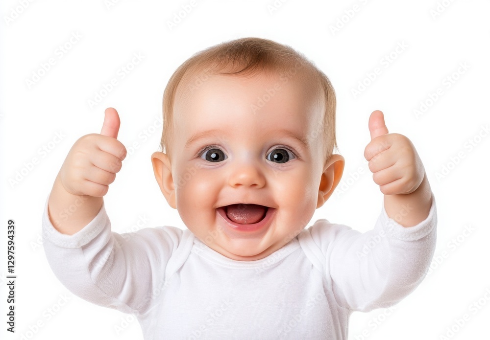 Happy baby giving thumbs up against a white background. The baby is wearing a white onesie and has a joyful expression Happy baby giving thumbs up against a white background. The baby is wearing a white onesie and has a joyful expression