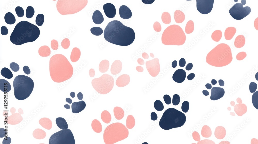 Fototapeta premium Adorable Pink and Navy Blue Paw Prints Pattern