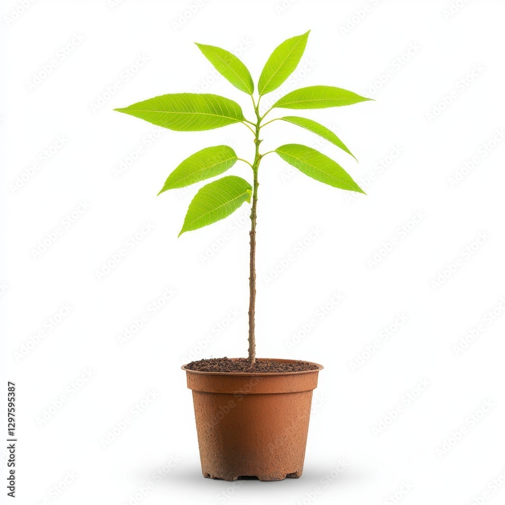 A vibrant green sapling with several leaves, stands in a small brown pot filled with dark soil, set against a clean white background A vibrant green sapling with several leaves, stands in a small brown pot filled with dark soil, set against a clean white background