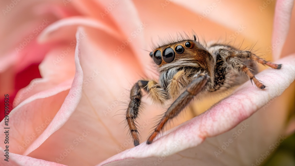 Obraz premium Spider's Perch: A macro view of a jumping spider perched on a delicate pink rose petal, showcasing intricate details of the spider's features and the rose's texture