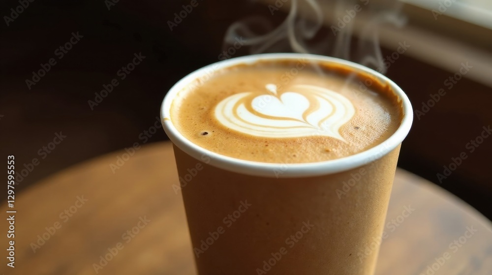 Aromatic Steaming Coffee in a Disposable Cup with Intricate Latte Art on a Wooden Surface Aromatic Steaming Coffee in a Disposable Cup with Intricate Latte Art on a Wooden Surface
