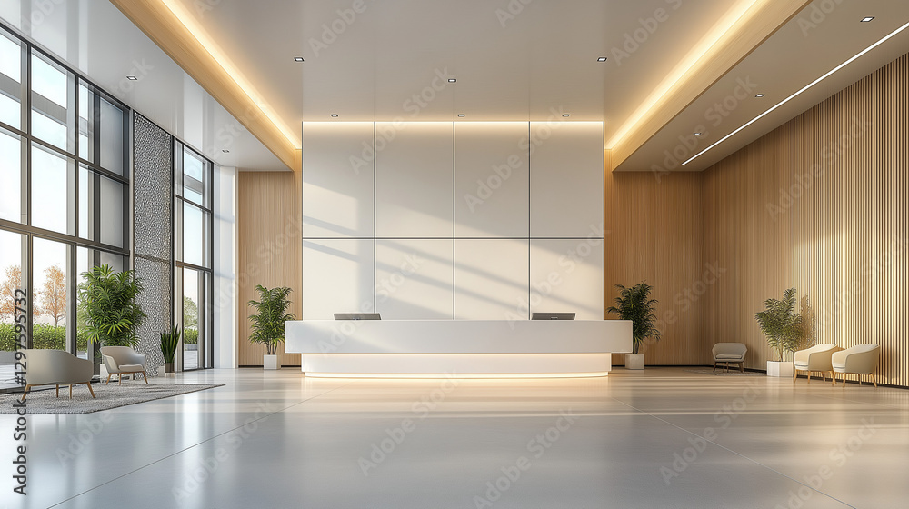 Fototapeta premium Modern office lobby with minimal design, embodying simplicity and professionalism in a clean, natural light setting.