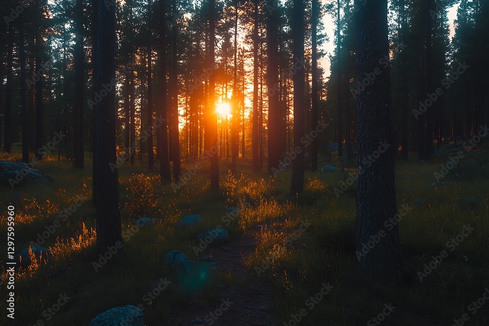 Fototapeta premium Illuminating glow through towering trees in serene woodland landscape
