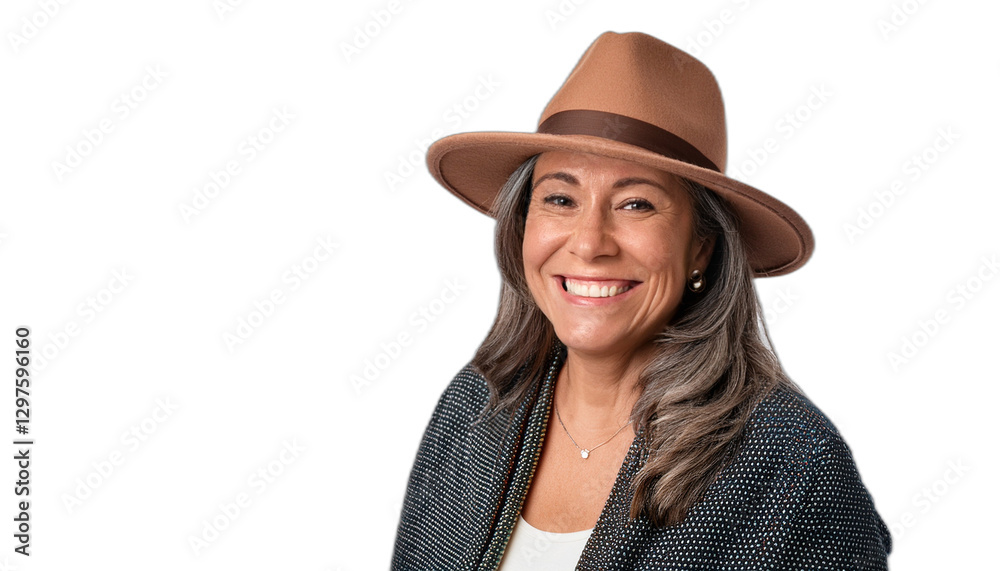 Portrait of a smiling Brazilian latino mature woman wearing a hat Portrait of a smiling Brazilian latino mature woman wearing a hat