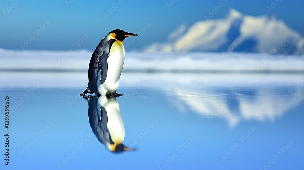 Fototapeta premium A solitary emperor penguin standing gracefully on ice with clear blue skies and distant mountains reflecting in the still surface, capturing a serene moment in the Antarctic landscape