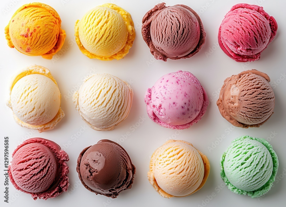 A Colorful Display of Twelve Ice Cream Scoops on a White Background Showcasing Various Flavors for Summer Treats and Desserts
