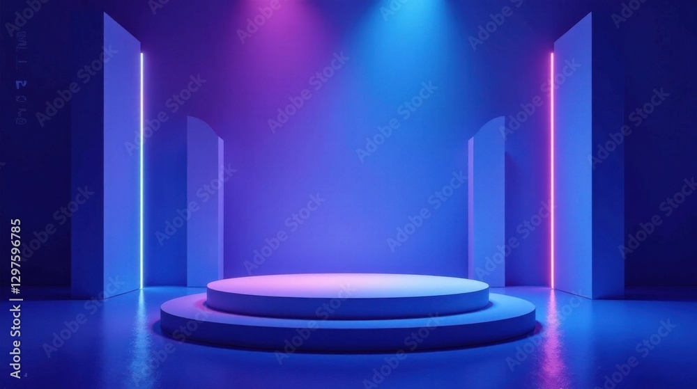 Fototapeta premium Abstract Blue and Purple Neon Lit Stage with Cylindrical Pedestal
