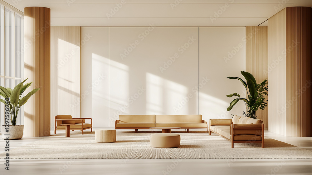 Fototapeta premium Modern office lobby with minimal design, embodying simplicity and professionalism in a clean, natural light setting.