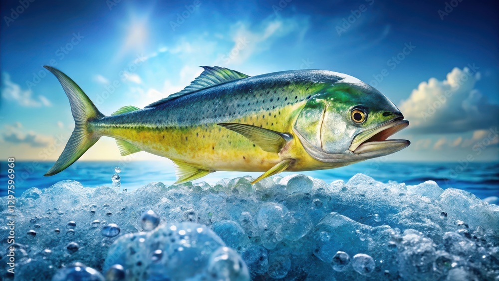 Fototapeta premium Fresh raw Mahi Mahi fish displayed on ice, with scales glistening in the light