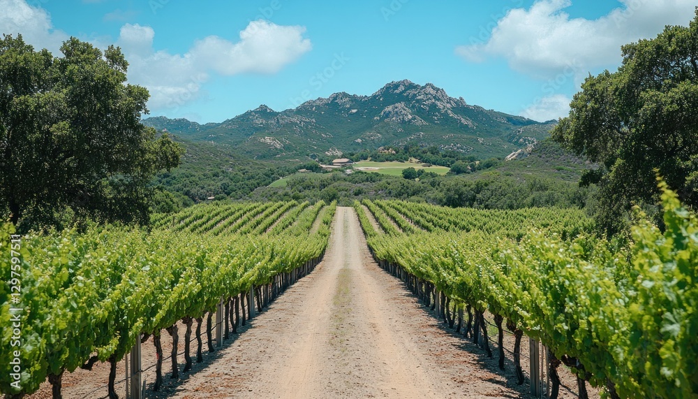 Fototapeta premium Serene Vineyard Landscape with Lush Grapevines Under Clear Blue Sky and Majestic Mountains