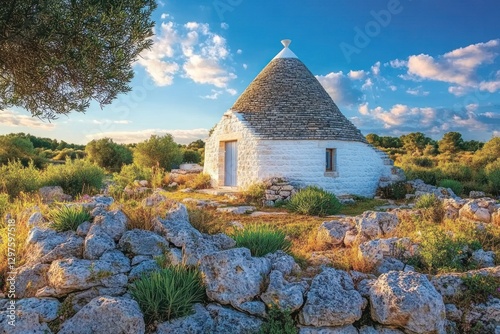 Trullo House Surrounded by Olive Trees and Rocky Landscape Under Beautiful Sky