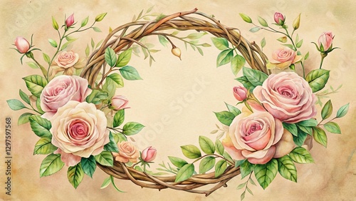 Wallpaper Mural A Delicate Wreath of Pastel Roses and Twigs, Perfect for Vintage-Inspired Designs and Romantic Projects Torontodigital.ca