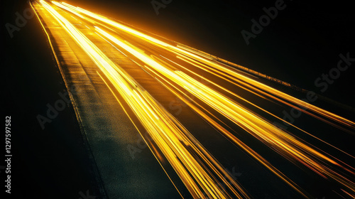 A long-exposure photograph of yellow light trails on the asphalt road at night