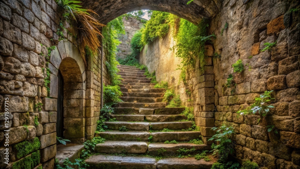 A worn stone staircase descends into the depths of a centuries-old fortification, surrounded by weathered walls and overgrown vegetation , stone steps, outdoor landscape A worn stone staircase descends into the depths of a centuries-old fortification, surrounded by weathered walls and overgrown vegetation , stone steps, outdoor landscape