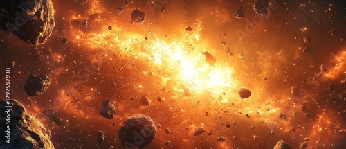 dramatic space battle where massive starships clash amidst glowing asteroid fields under a distant galaxy, Generative AI