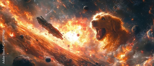 dramatic space battle where massive starships clash amidst glowing asteroid fields under a distant galaxy, Generative AI