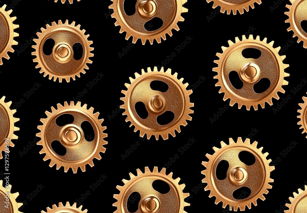 Golden gears on black background. Intricate, metallic texture. Repeating pattern ideal for industrial or steampunk designs Golden gears on black background. Intricate, metallic texture. Repeating pattern ideal for industrial or steampunk designs