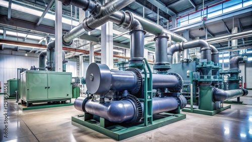 Centrifugal chiller system in operation with pumps and condenser installed in a large data center , information technology, mechanical systems