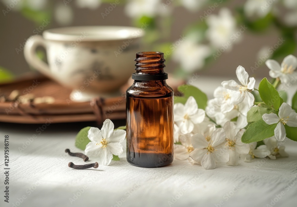 Amber glass bottle with essential oils surrounded by white flowers and a teacup showcasing tranquility and wellness in a natural setting Amber glass bottle with essential oils surrounded by white flowers and a teacup showcasing tranquility and wellness in a natural setting