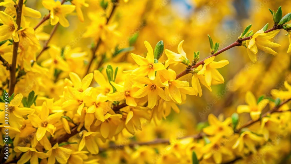 Detailed close-up shot of blooming yellow forsythia branches with delicate yellow flowers and lush green foliage in a garden setting, forsythia blossom, yellow flora Detailed close-up shot of blooming yellow forsythia branches with delicate yellow flowers and lush green foliage in a garden setting, forsythia blossom, yellow flora