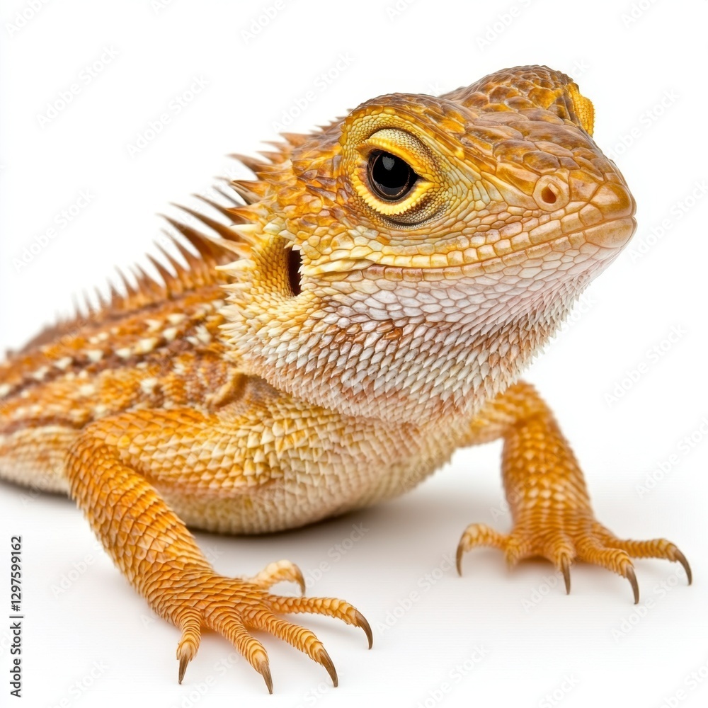 Fototapeta premium Close up of a small, golden brown lizard against a white background. The lizard's textured skin and sharp claws are visible. Its head is slightly