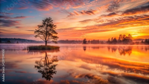 Serene Sunrise Over Still Waters, Reflecting a Solitary Tree on a Misty Island
