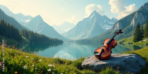Serene Violin Resting on a Rock by a Mountain Lake, Basking in the Golden Light of a Peaceful Summer Day