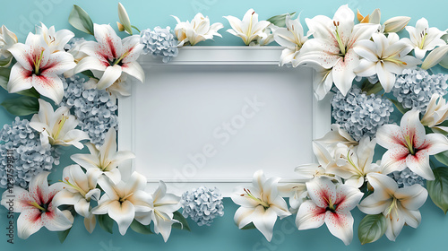 Floral wreath with white daisies and purple flowers framing a blank canvas