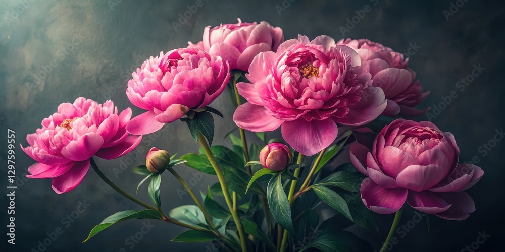 Hyper realistic pink peonies on a dark background, with subtle texture and gentle light Hyper realistic pink peonies on a dark background, with subtle texture and gentle light