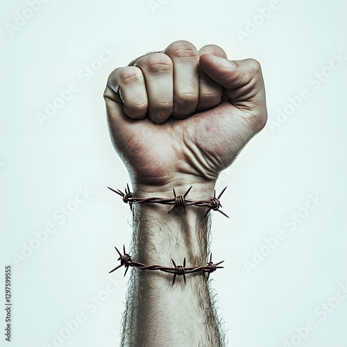 Ultra realistic hand power fist gesture with barbed wired wrapping around the arm and wrist.