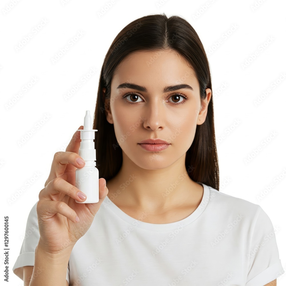 Woman spray for nose medicine on white background isolation Woman spray for nose medicine on white background isolation