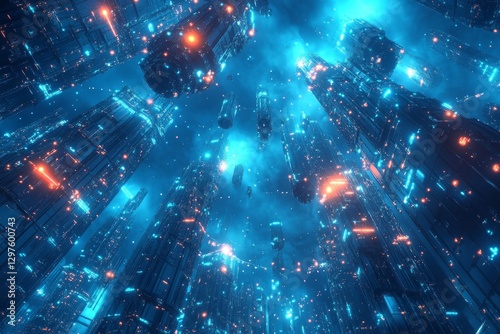 futuristic abstract design featuring interconnected glowing nodes in shades of teal and blue, symbolizing global networks, Generative AI