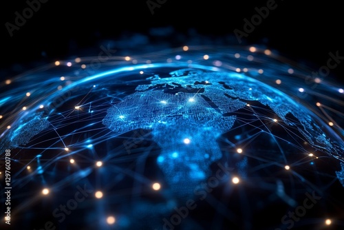 abstract depiction of global connectivity using glowing nodes and lines, set against a dark blue technological backdrop, Generative AI