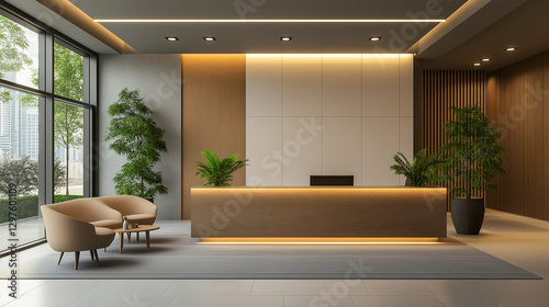 Modern office lobby with minimal design, embodying simplicity and professionalism in a clean, natural light setting.