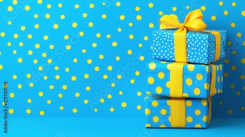Three Gift Boxes with Yellow Polka Dots and Ribbons of Blue Colorization