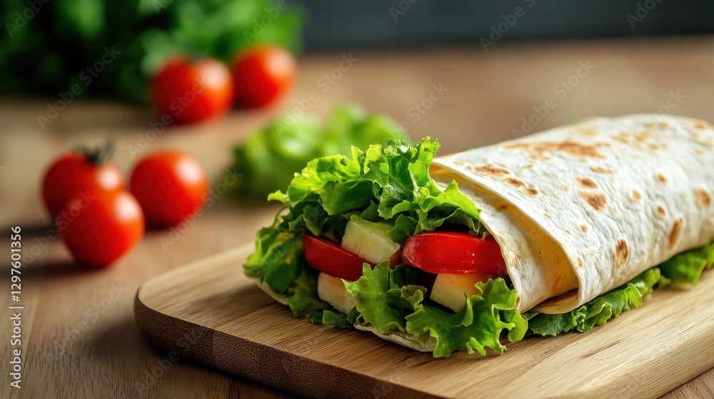 Fresh Vegetable Wrap with Crisp Lettuce and Cherry Tomatoes on Board Fresh Vegetable Wrap with Crisp Lettuce and Cherry Tomatoes on Board
