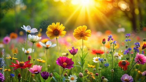 Sunlit wildflowers unfurl their petals in the warm spring breeze amidst a tapestry of lush greenery and vibrant blooms in a serene and idyllic meadow setting , blooming, flowers