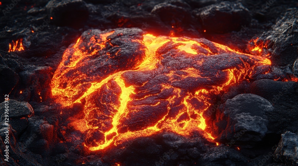 Glowing Lava Flow with Dark Rocks and Fiery Textures at Night Glowing Lava Flow with Dark Rocks and Fiery Textures at Night