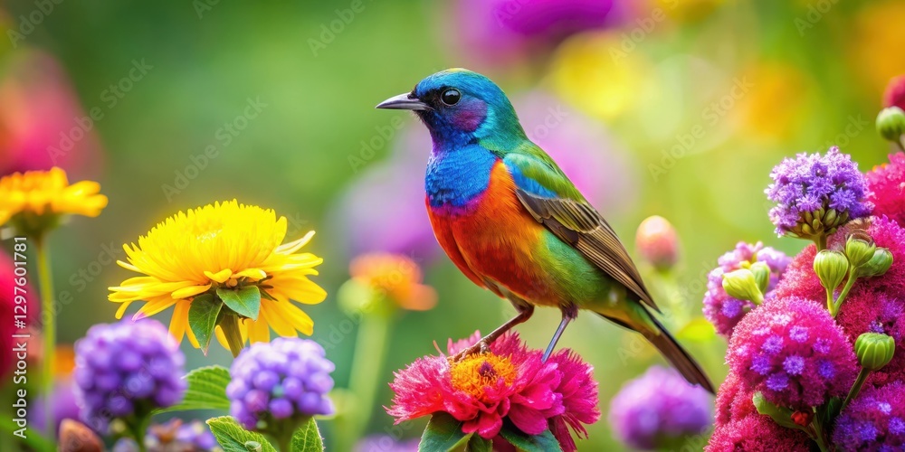 A brightly colored bird sits atop a radiant bloom, surrounded by lush green foliage and a tapestry of wildflowers in full hue , colorful bird, nature A brightly colored bird sits atop a radiant bloom, surrounded by lush green foliage and a tapestry of wildflowers in full hue , colorful bird, nature