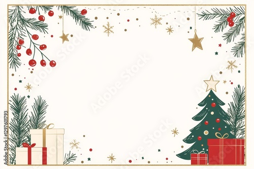 minimalist Christmas-themed border with gold accents, featuring a tree, gifts, and stars on a clean white background, Generative AI