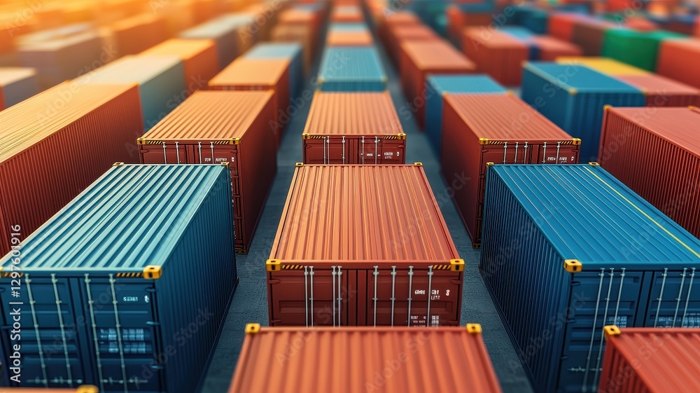 Fototapeta premium Aerial view of a shipping yard filled with colorful containers, showcasing an organized and busy logistics environment.