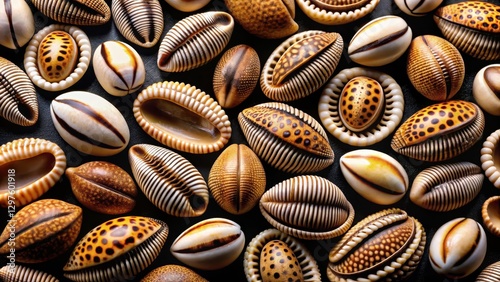 Ancient oceanic treasure trove with intricate seamless cowrie shell design on black background, evoking feelings of underwater exploration and discovery , seamless cowrie shells, underwater world