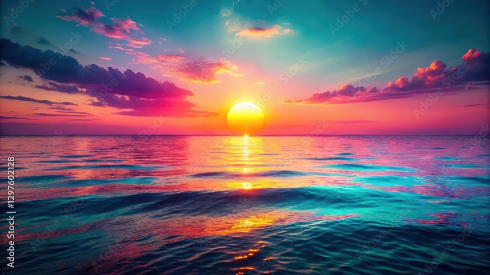Fototapeta premium Retro neon lights reflecting on a calm summer ocean at sunset