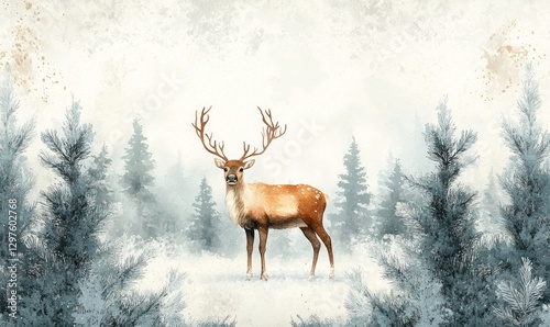 watercolor-style illustration of a reindeer standing in a snowy forest clearing, framed by frosted pine branches, Generative AI
