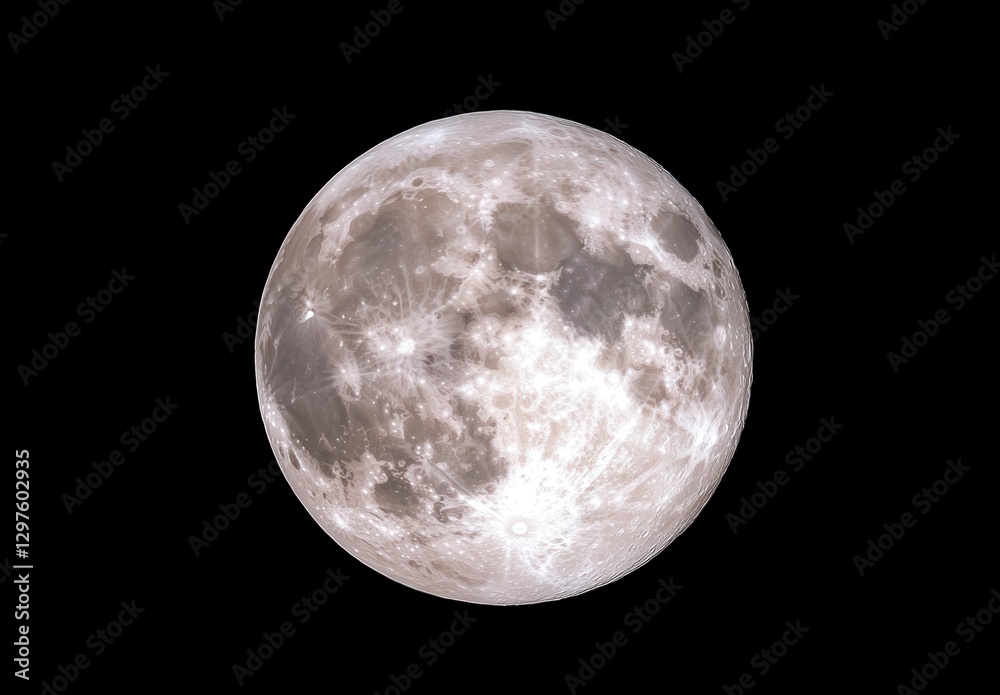 Obraz premium Full moon in the night sky, brightly lit, craters and texture visible. High contrast, monochrome tones