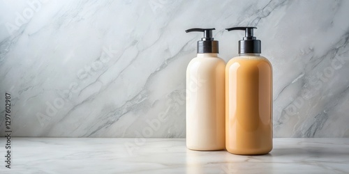 A bottle of shampoo and conditioner side by side on a marble countertop, with the bottles perfectly aligned and reflecting light , shampoo, wellness