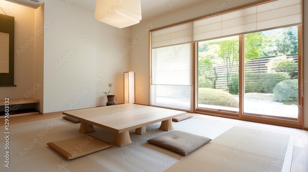 Fototapeta premium A traditional Japanese tatami room with sliding shoji doors, low wooden furniture, and soft neutral color palettes, promoting harmony and simplicity.
